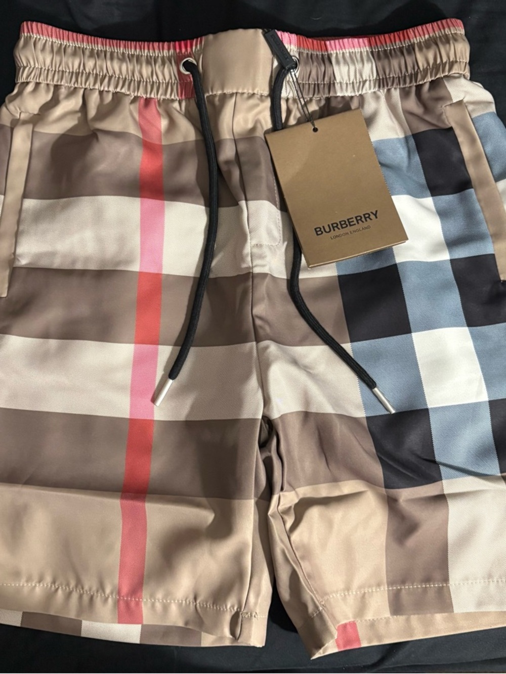Burberry Beige Check Shorts with Red and Blue Stripes